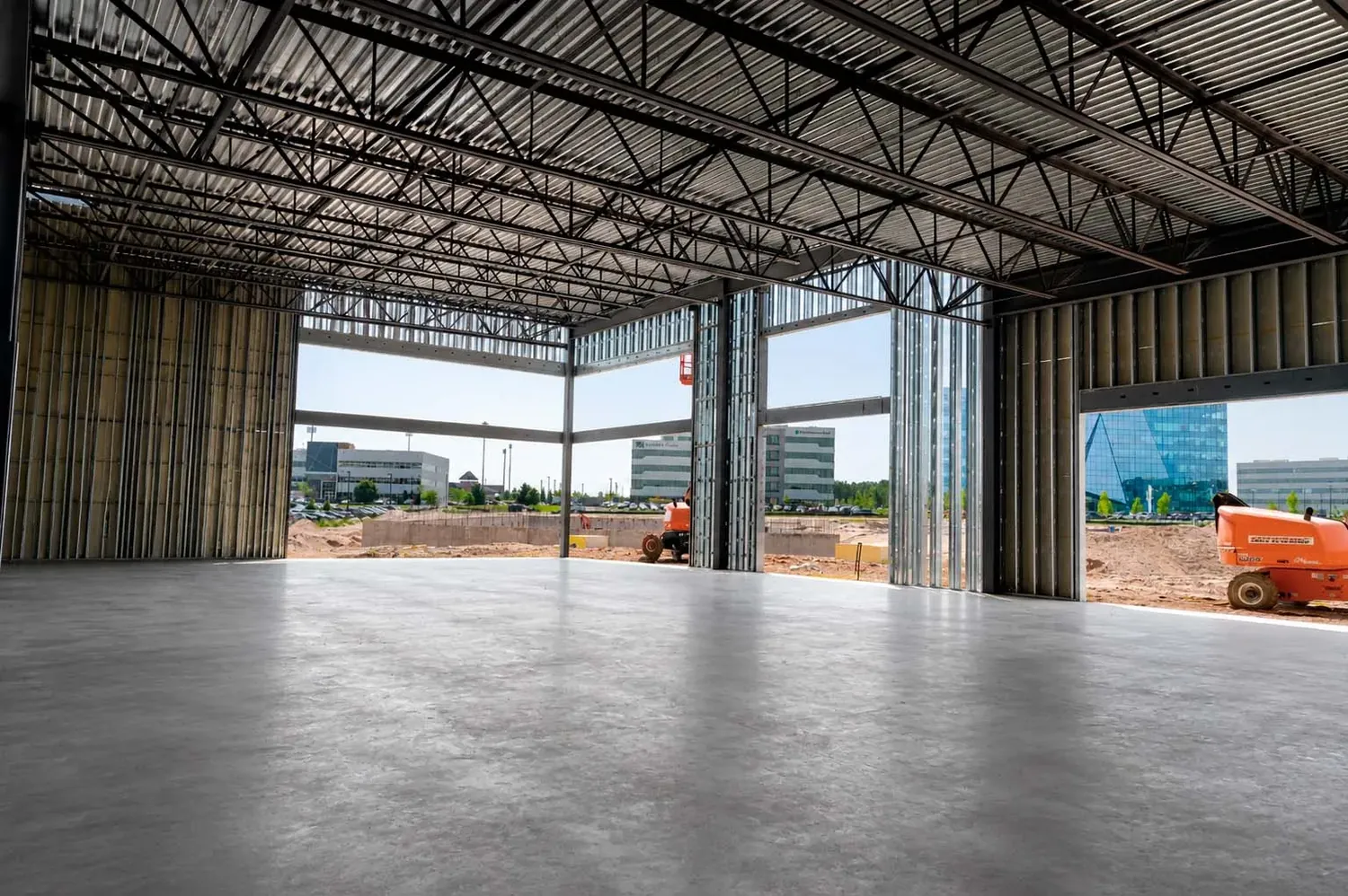 Finished concrete floor in a commercial building bay