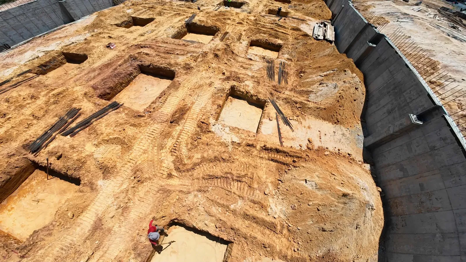 Drone view of foundation footings and rebar layout