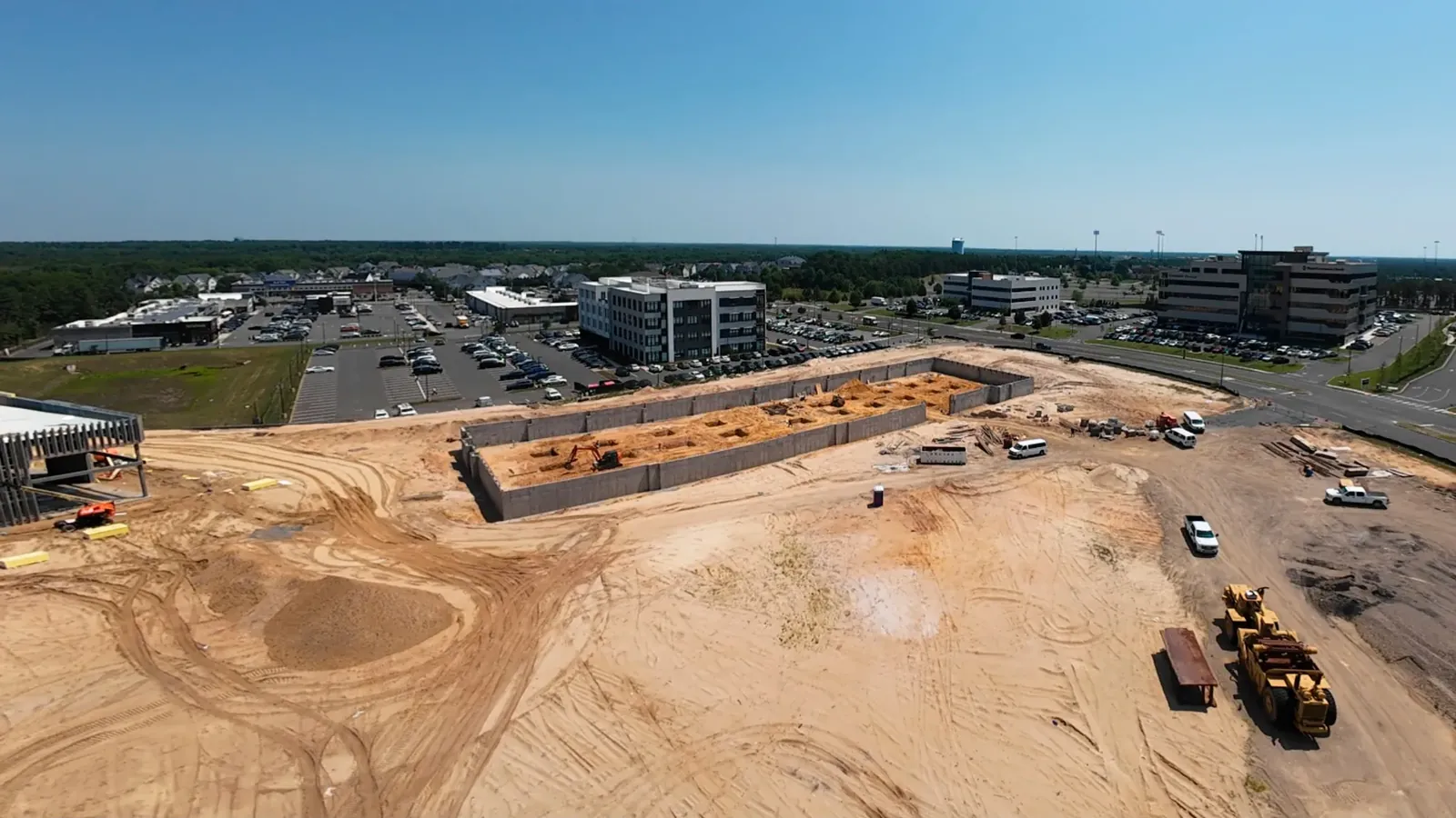Aerial view of a commercial building foundation footprint