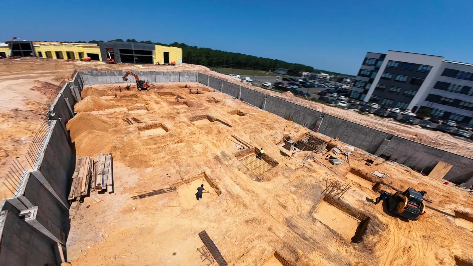 Large commercial foundation site with footings and retaining walls
