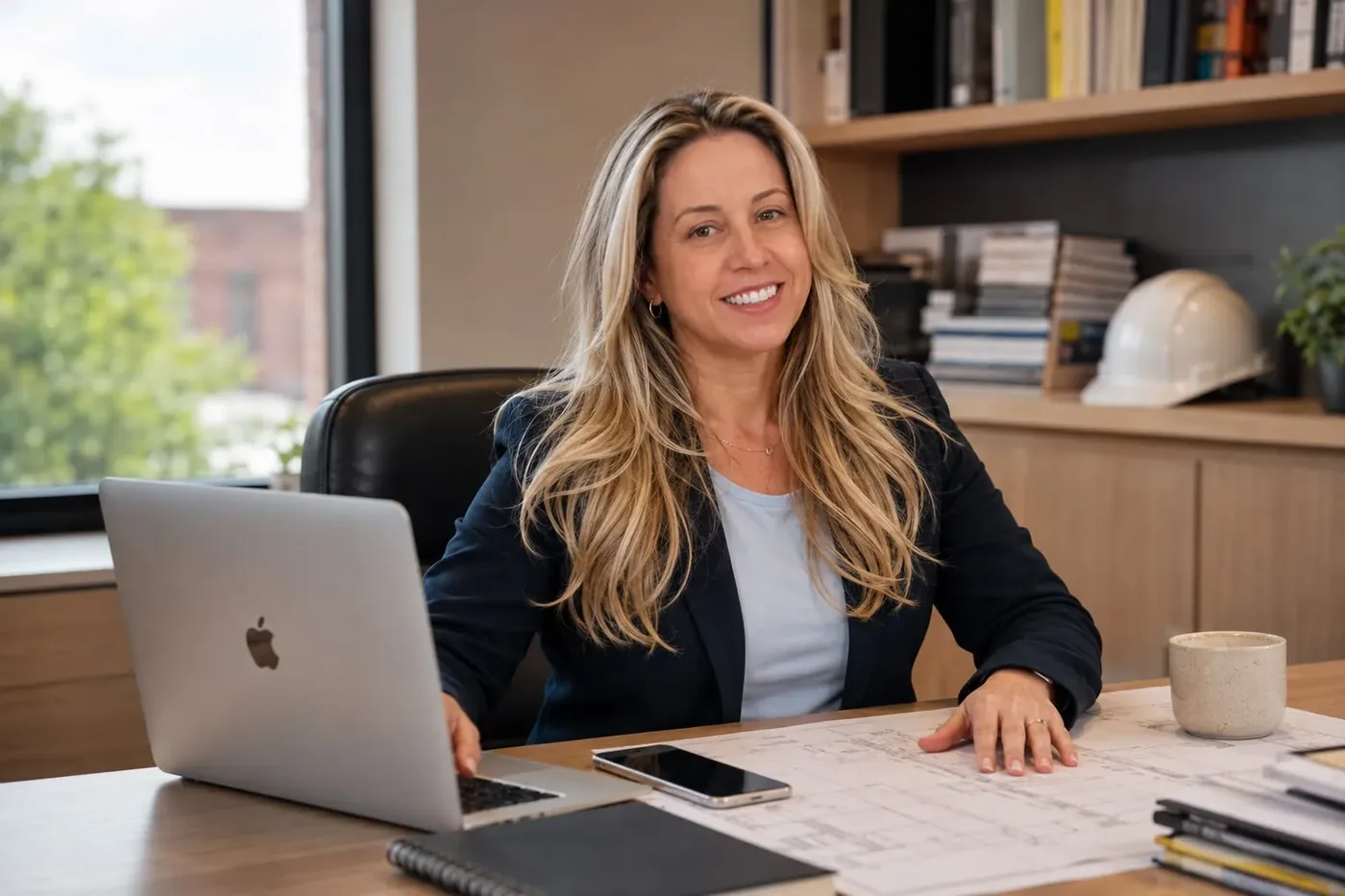 LABORI's woman owner at her desk, hard hat on the shelf behind her